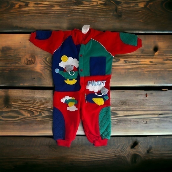 Other - VINTAGE 90s color block airplane, pilot, helicopter one piece long sleeve button